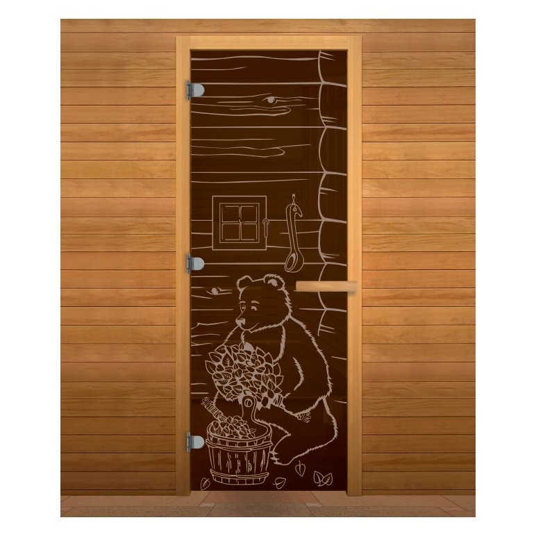 Дверь стекло Бронза, рис. "МИШКА", 190х70 (8мм, 3 петли 716 CR (Магнит) (ОСИНА) левая