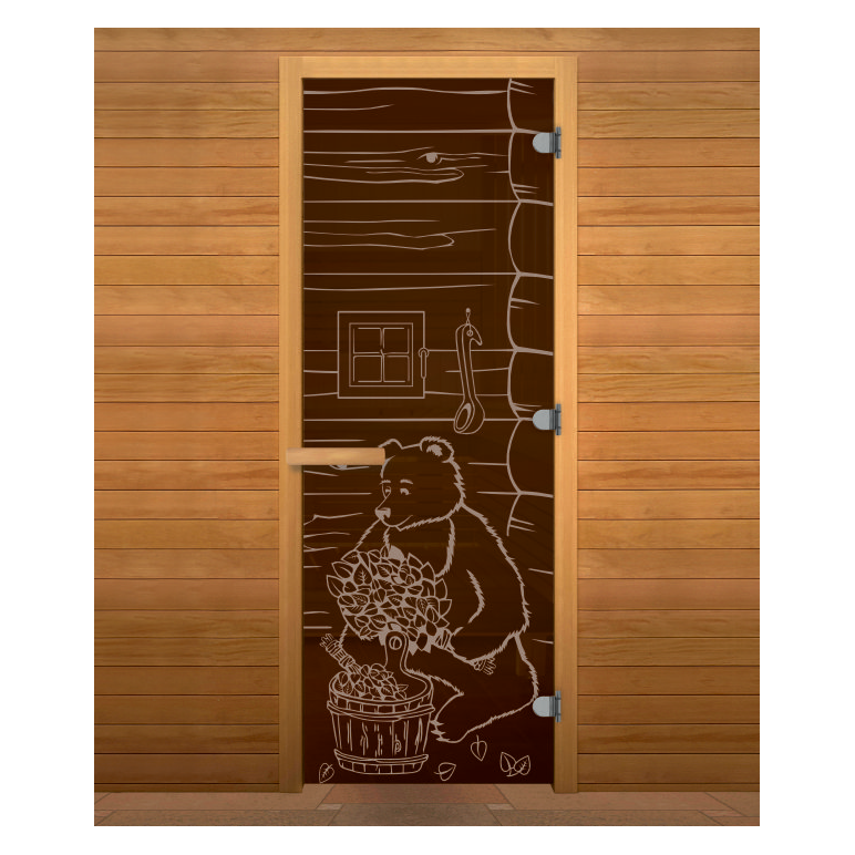 Дверь стекло Бронза, рис. "МИШКА", 190х70 (8мм, 3 петли 716 CR (Магнит) (ОСИНА) правая