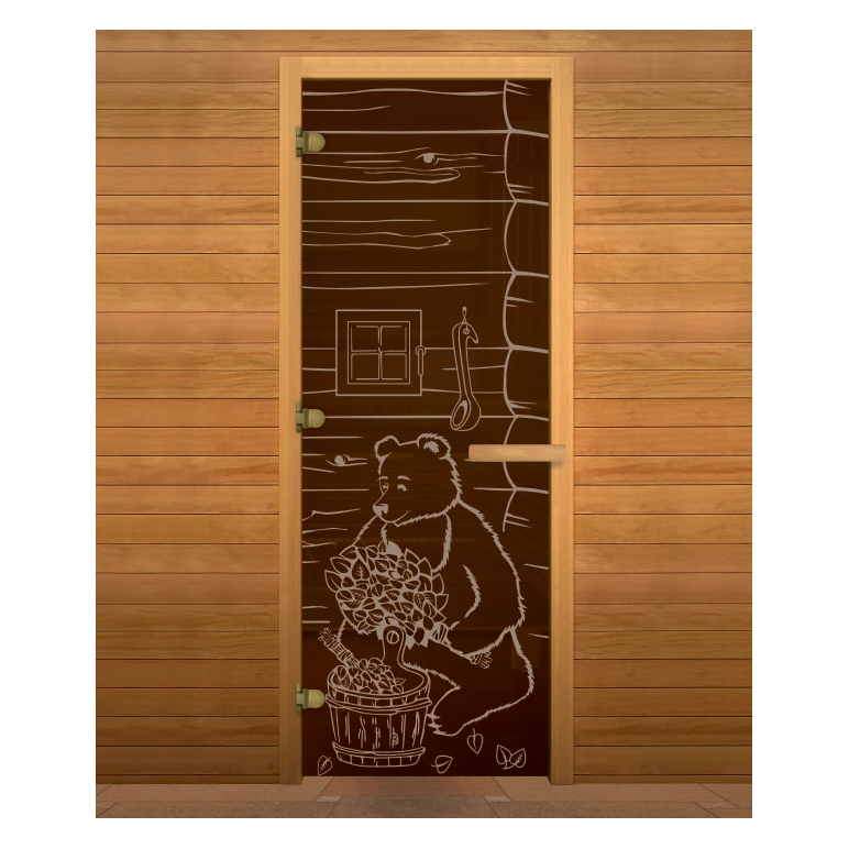 Дверь стекло Бронза, рис. "МИШКА", 190х70 (8мм, 3 петли 716 GB(Магнит) (ОСИНА) левая